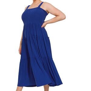 3X Zenana Smocked Tiered Midi Dress Lt Navy Blue Plus sized comfort brand new